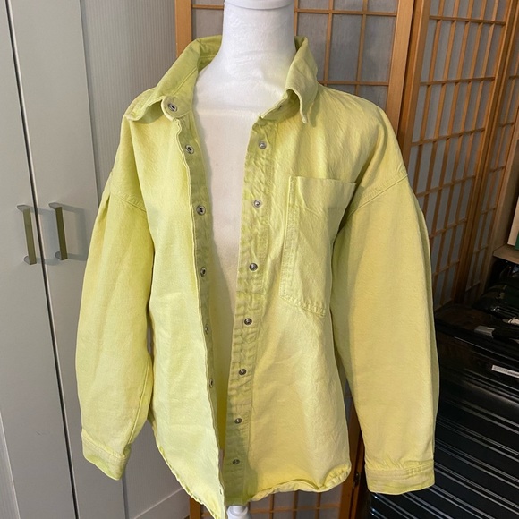 Mango MNG Denim Jean Jacket Womens 8 Yellow Green Button Long Sleeve Collared L - Picture 1 of 5